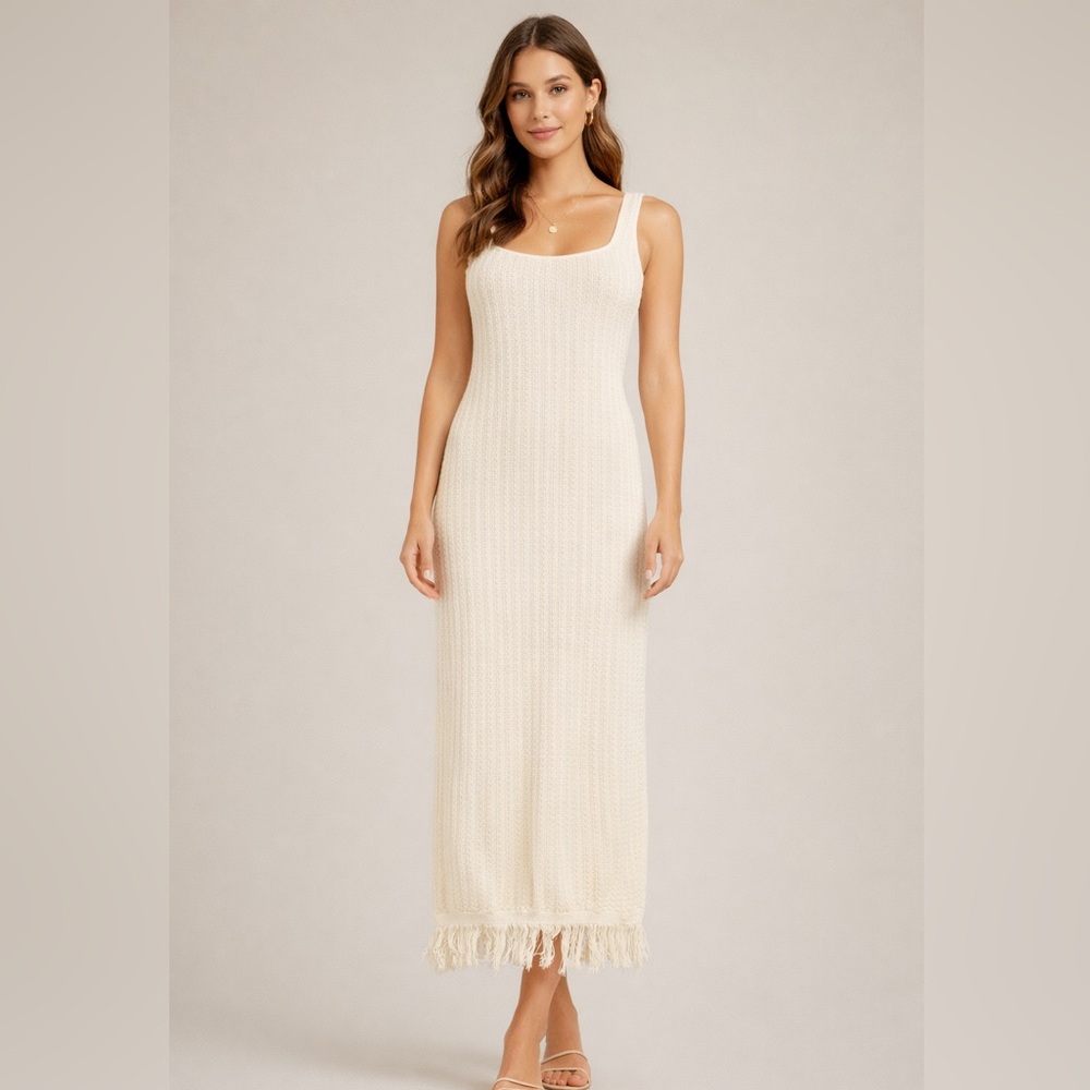 Just Found boho Cream knit fringe midi dress, medium